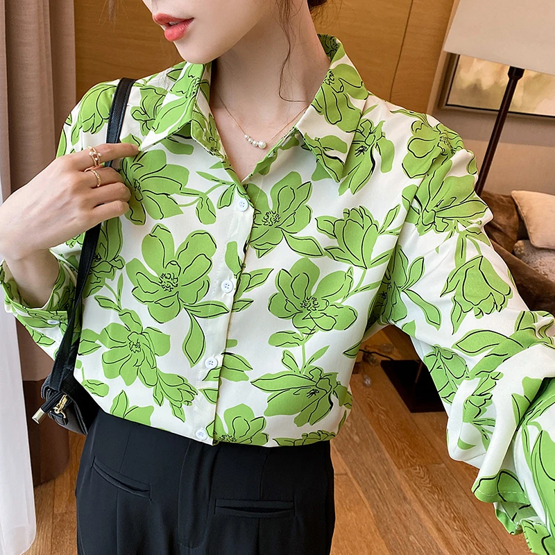 Women Spring Korean Loose Fashionable Printing Polo-Neck Long Sleeve Chiffon Shirts Women Clothes Casual All-match Trend Tops