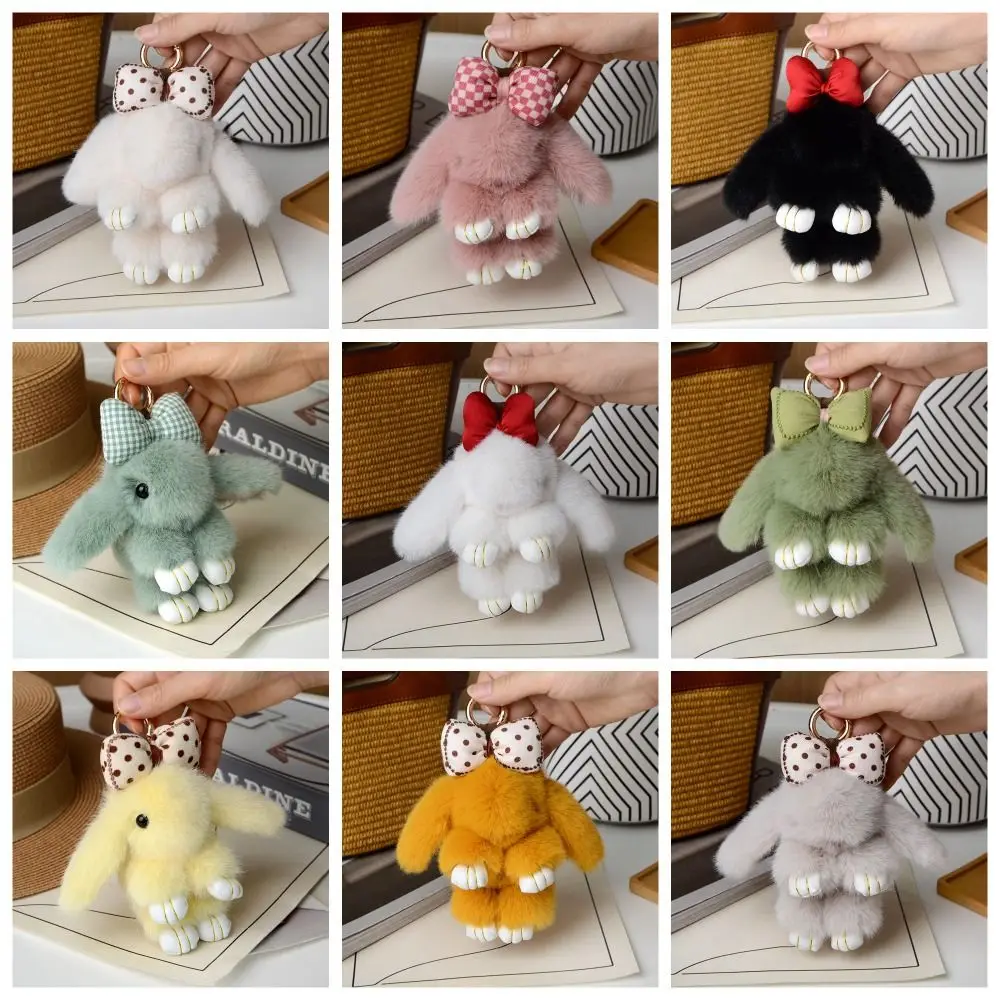 Animal Shape Fashion Pluff Bunny Keychain Lovely Cute Play Dead Rabbit Doll Bowknot 13cm Rabbit Fur Keychain Women