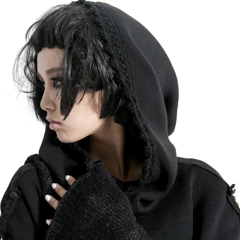 PUNK RAVE Gothic Girl Visual Kei Black Ladies Knitted  Wool Ponchos Caps Fashion Scarf Hat Wrap MUFFLE KERA Tops Free Size