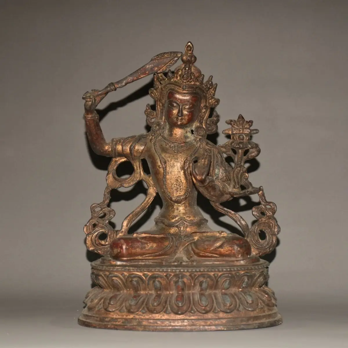Imitation copper red rust lotus base backlight Manjushri width 17 cm thick height 25 cm weight 1680 grams