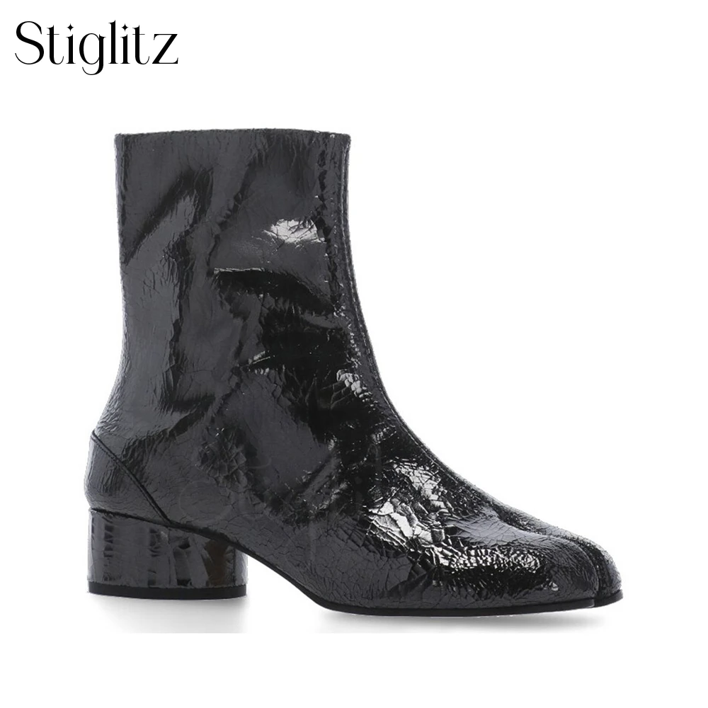 Metallic Effect Split Toe Ankle Boots Cracked Effect Tabi Booties 3cm Low Cylindrical Heel Buckle Boots Novelty Designer Style