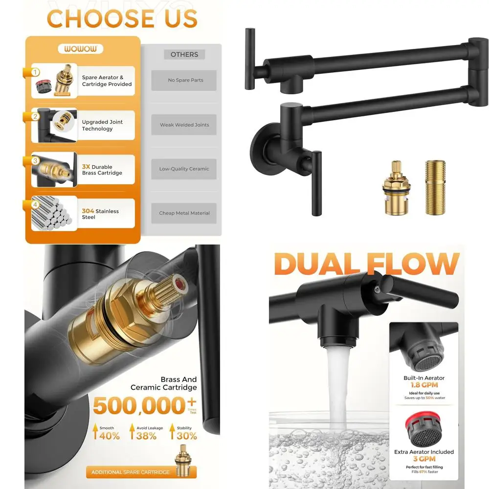 

Stainless Steel Wall-Mounted Pot Filler Faucet with Swing Arms for Kitchen Over Stove