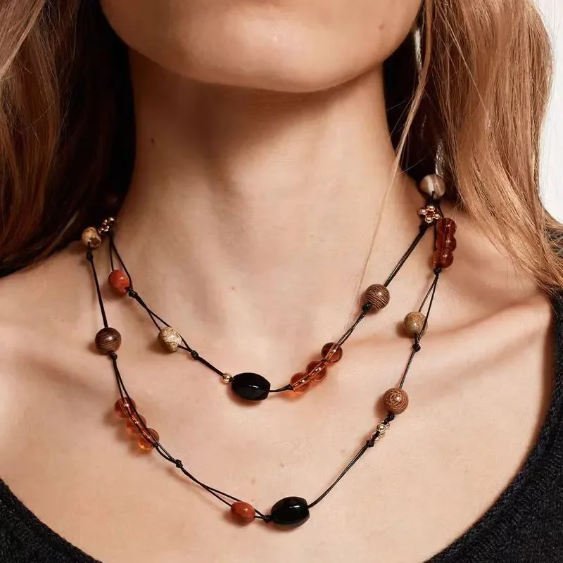 European and American niche design natural black agate redstone beaded interval stacked in multiple layers wearing long retro