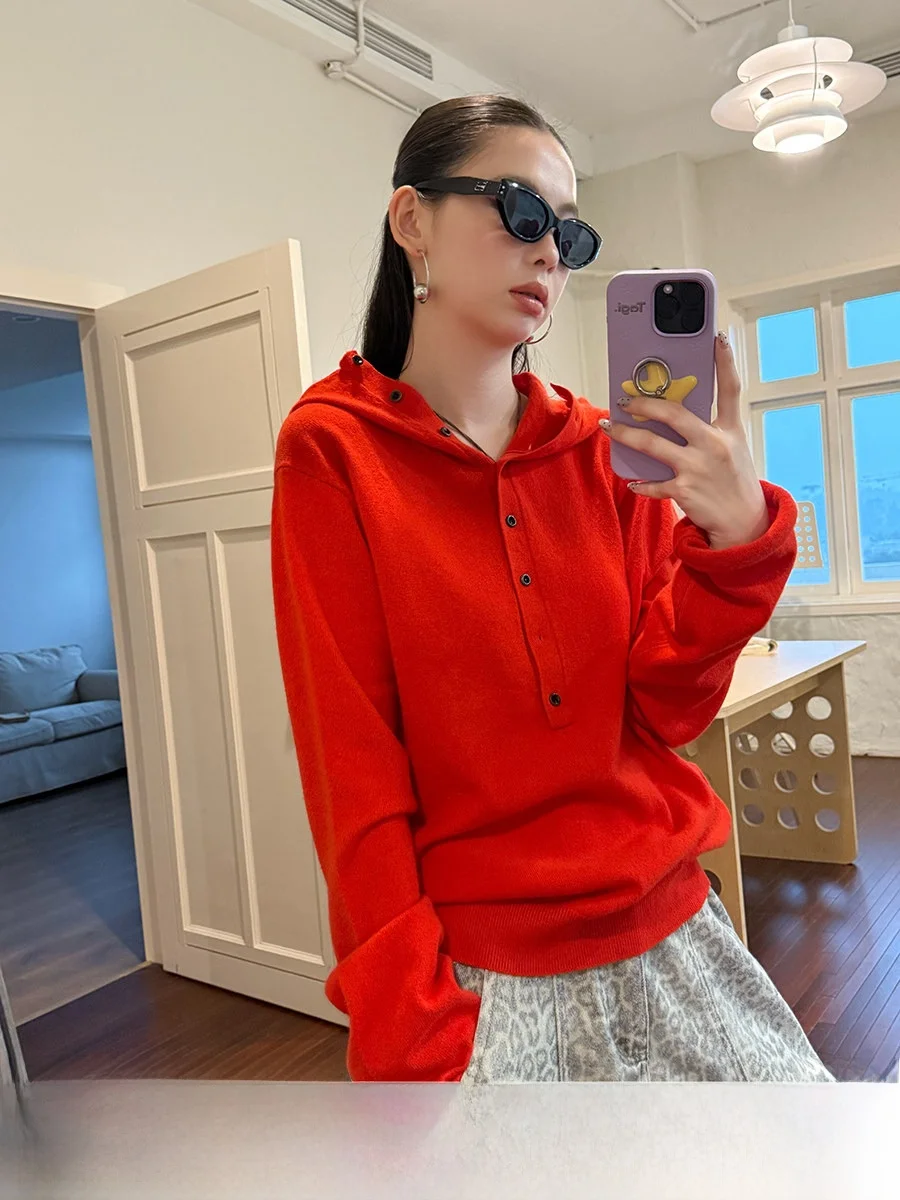 

Свободный женский вязаный свитер с капюшоном, повседневная верхняя одежда, красный оверсайз пуловер, осень-зима, новинка, F925, в полоску, с длинными рукавами