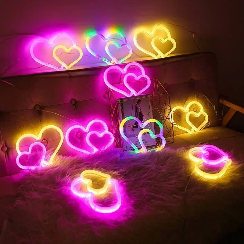 Double Heart Neon Light Sign LED Love Modeling Cupid Arrow Lamp Wall Decoration for Room Shop Party Gift USB & Battery Case