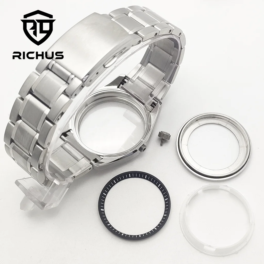 Caja de reloj RICHUS NH35 de 40mm plateada con correa de cristal de zafiro compatible con movimiento NH34 NH35 NH36