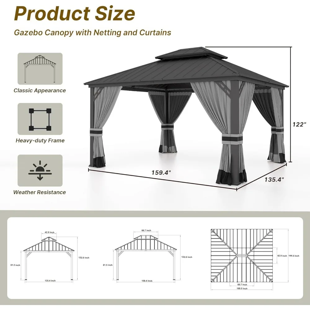 Gazebo con tetto rigido grigio da 12' x 14' con tende e rete, pergola in metallo ferro a doppio tetto per patio, giardino, prato, grande padiglione