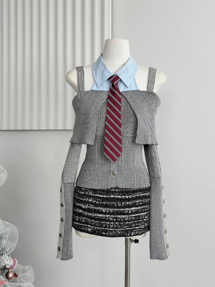 Spring Women Korean Preppy Long Sleeve Patchwork Sweater Cute Core Knitting Shirt 2000s Shoujo Coquette Gyaru Idols Design Kpop