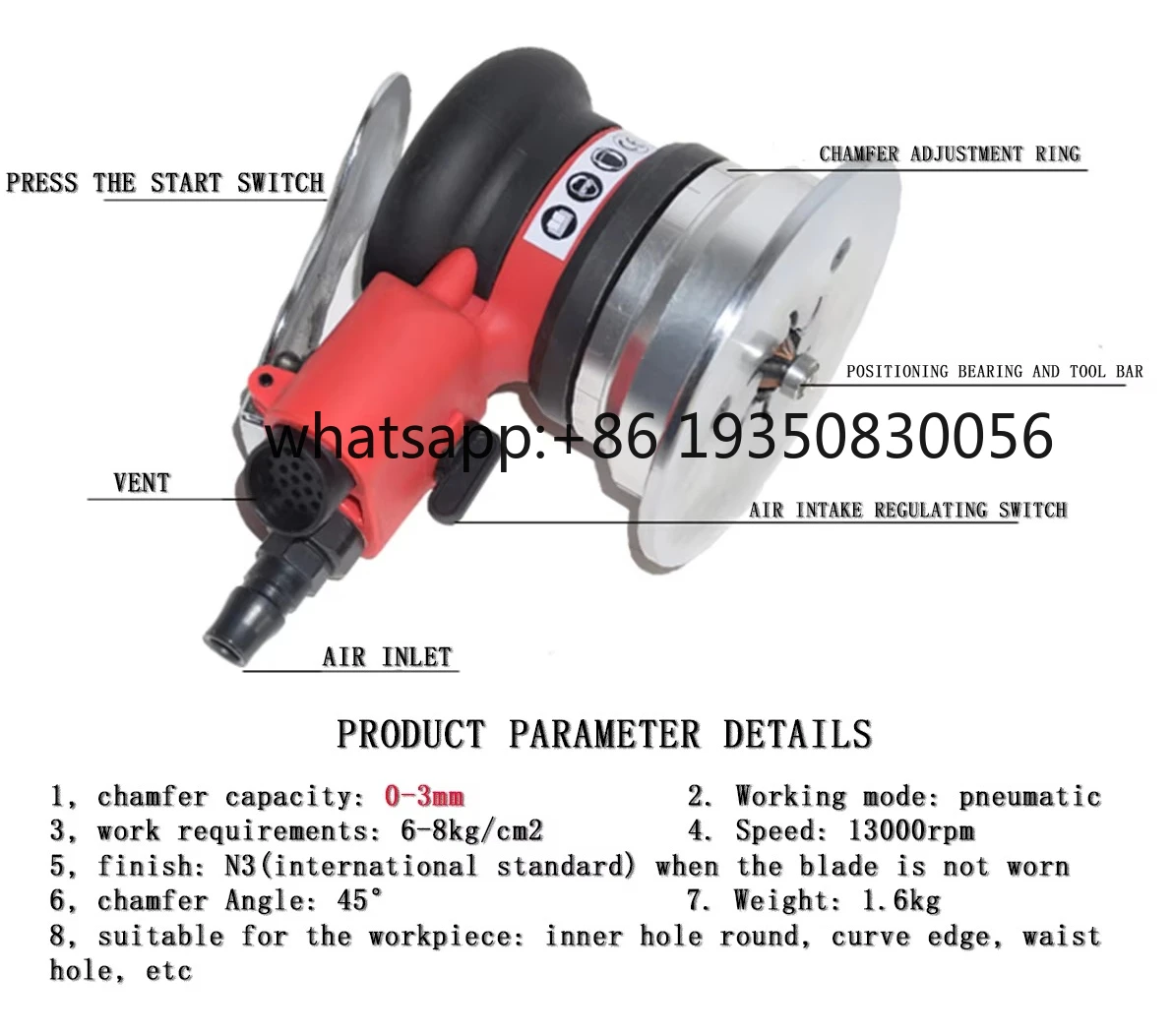 Sonidec SN-7053 3-Flute Pneumatic Chamfering Tool 0-3mm Adjustable Beveling Steel/Alloy/Mold | Industrial Edge Deburring