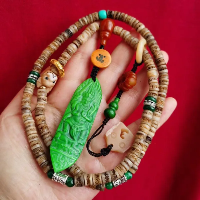 Tibetan-Style Gaba Hanging Necklace, -Section Deer , Three Realms Pendant, Running Ring, Two Coins, Chinese Knot, 10