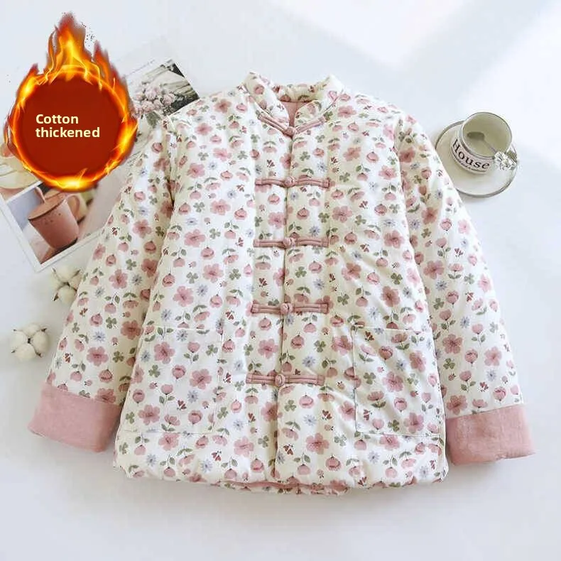 

Floral Cotton Jaet Women's Loose Sle Warm Coat Autumn Winter New Arrival Button Design Retro Thiened Long Sve Coat
