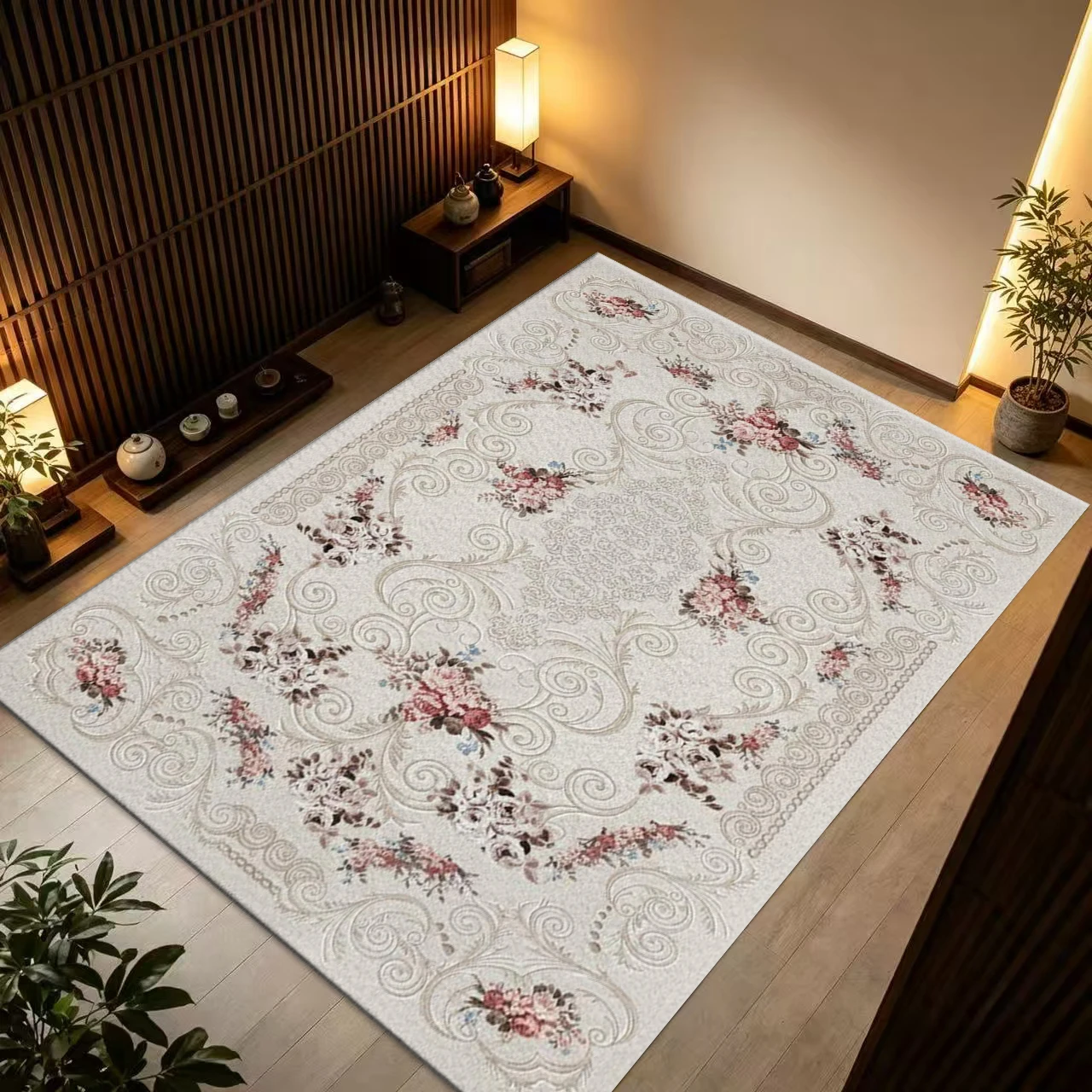 Beige French Floral Vintage Square Area Rug Non-Slip Floor Mat for Bedroom Living Room Home Ornament