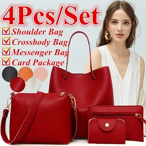 Women'S Fashion Leather Litchi Pattern 4pcs Single Shoulder Handbag Crossbody Wallet Women'S Bag Set Multicolor Versatile Daily