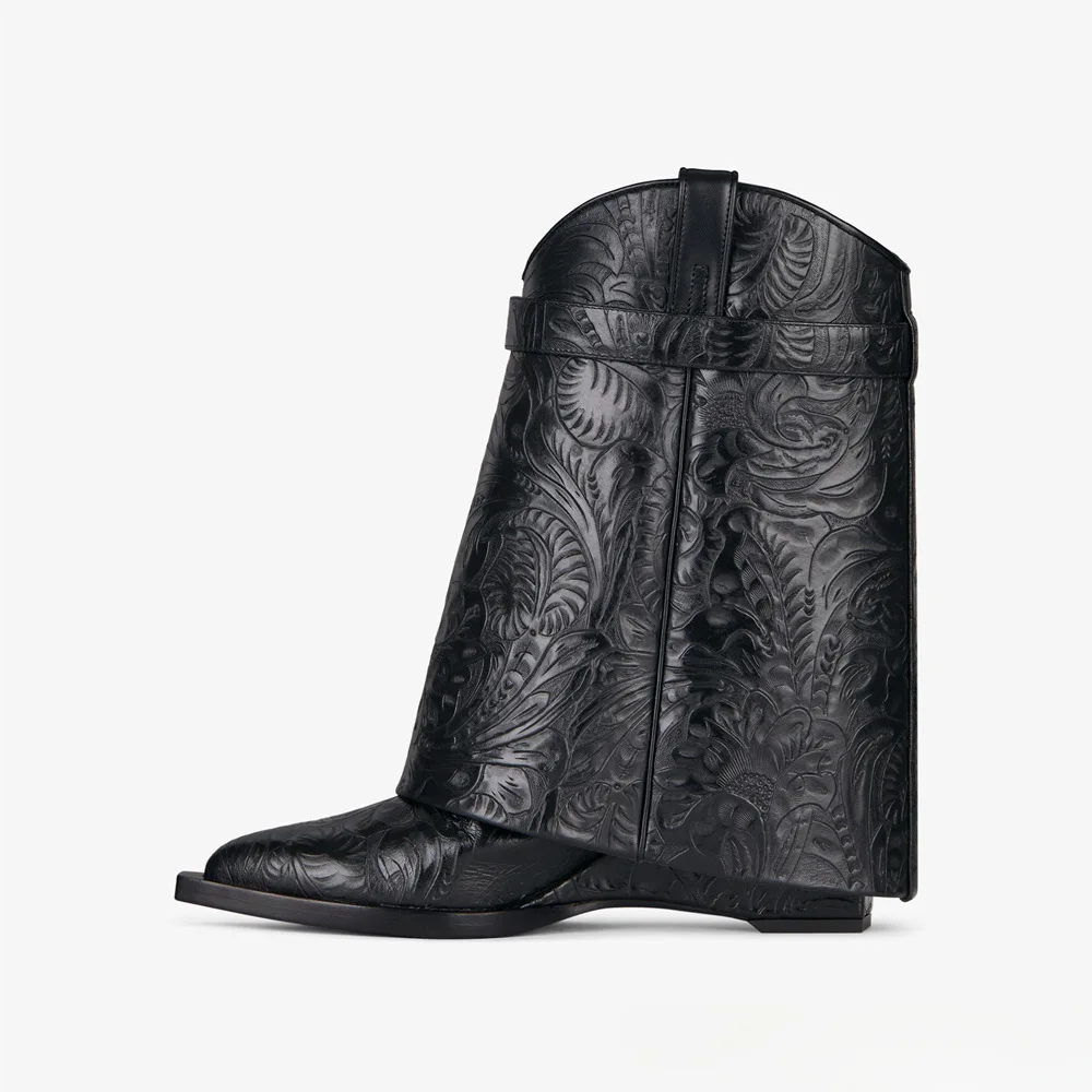 Pointed Sloping Heel Embossed Leather Mid Size Boots, Metal Buckle Sleeve Boots, Foreign Trade Large Size Women's Shoes