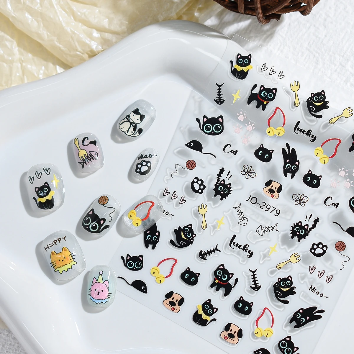 3/6/12 Blatt 3D Geprägte Schwarze Katzen-Nagelaufkleber Niedliche Cartoon-Kätzchenpfoten Fischgrätenmuster Selbstklebende DIY-Nagelsticker – Detail 6