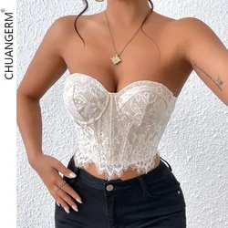 Chuangerm sexy renda sem mangas ombro nu colheita topo espartilho bordado floral tubo superior sem alças espinha de peixe sem costas camisola