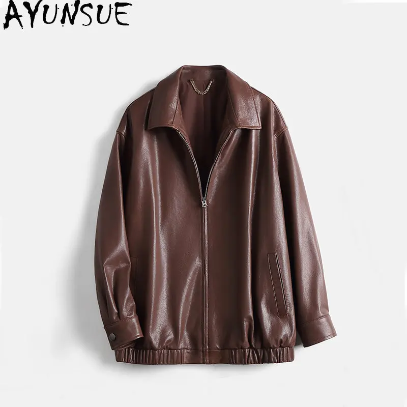 AYUNSUE Genuine Sheepskin Leather Jacket Mulheres 2023 Real Sheepskin Coat Mulheres Mid-length White Leather Jackets para Mulheres Vintage