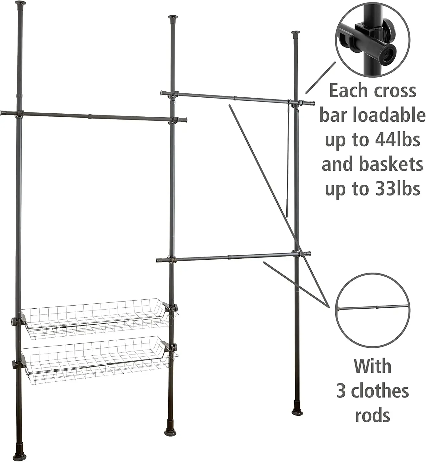 Adjustable Clothes Rack, Garment Rack System For Closet Organizer, Black Wardrobe Rack, Walk-in Closet, Clothes Organizer,