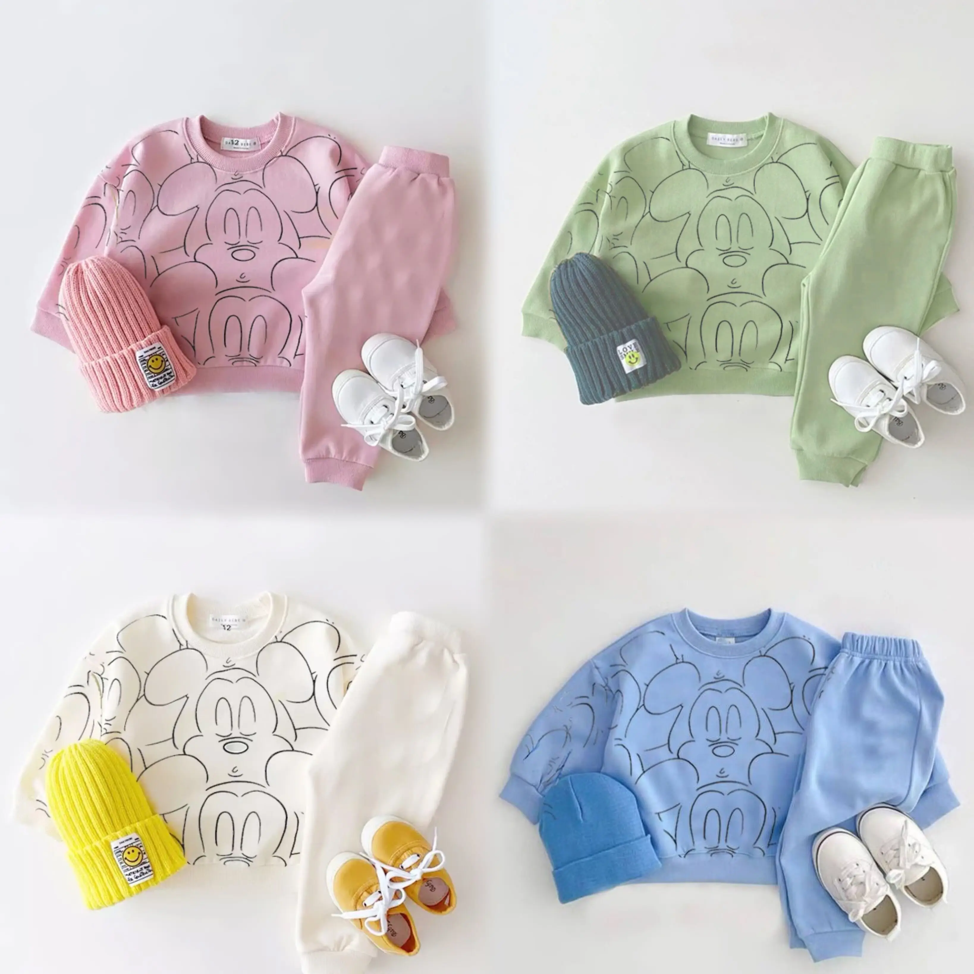 Sweatshirt+Pants Child Spring Autumn Clothes Solid Color Cartoon Long Sleeve Sets Casual Round Neck Tracksuits Cotton Soft 2pcs