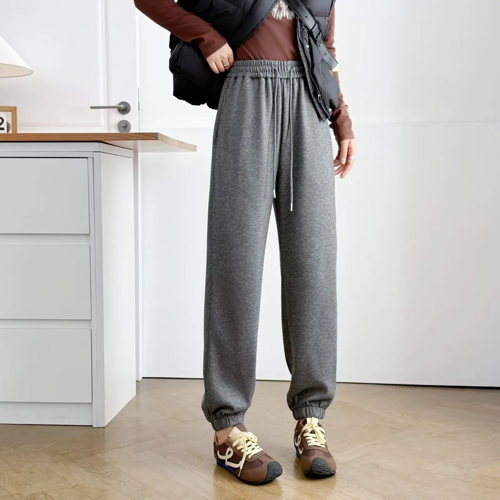 XXXXL موضة حجم كبير ملابس امرأة سراويلي حريمي بسيط غير رسمي دافئ الصوف وسميكة الكاحل النطاقات Sweatpants شتاء 893 #2