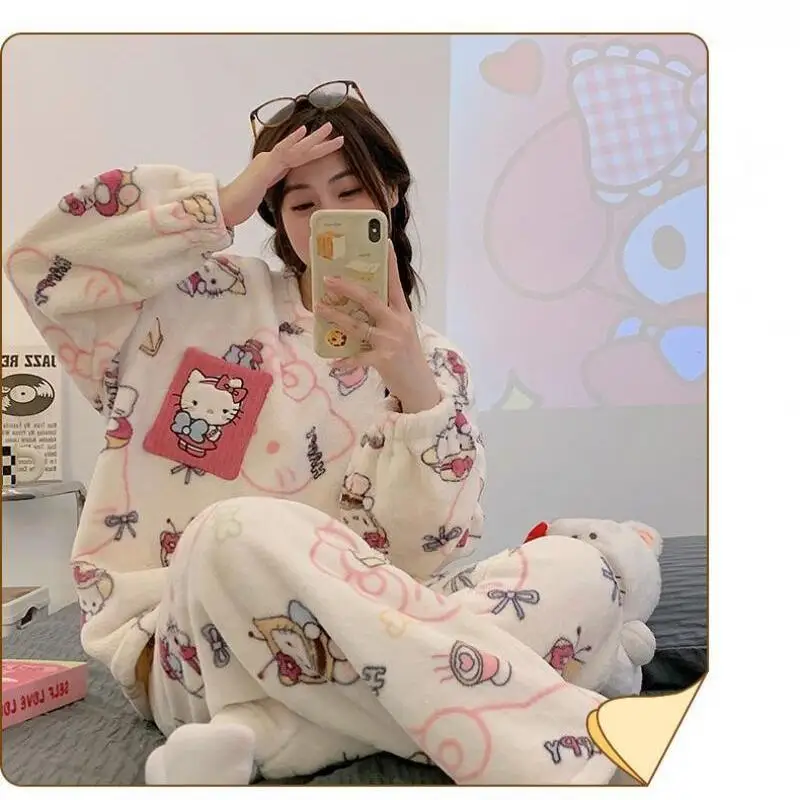 Women's Pajamas Hello Kitty Autumn Winter Coral Velvet Home Clothes Kawaii Girls Pajamas Set Soft Cartoon Loose New Style Gift view 6