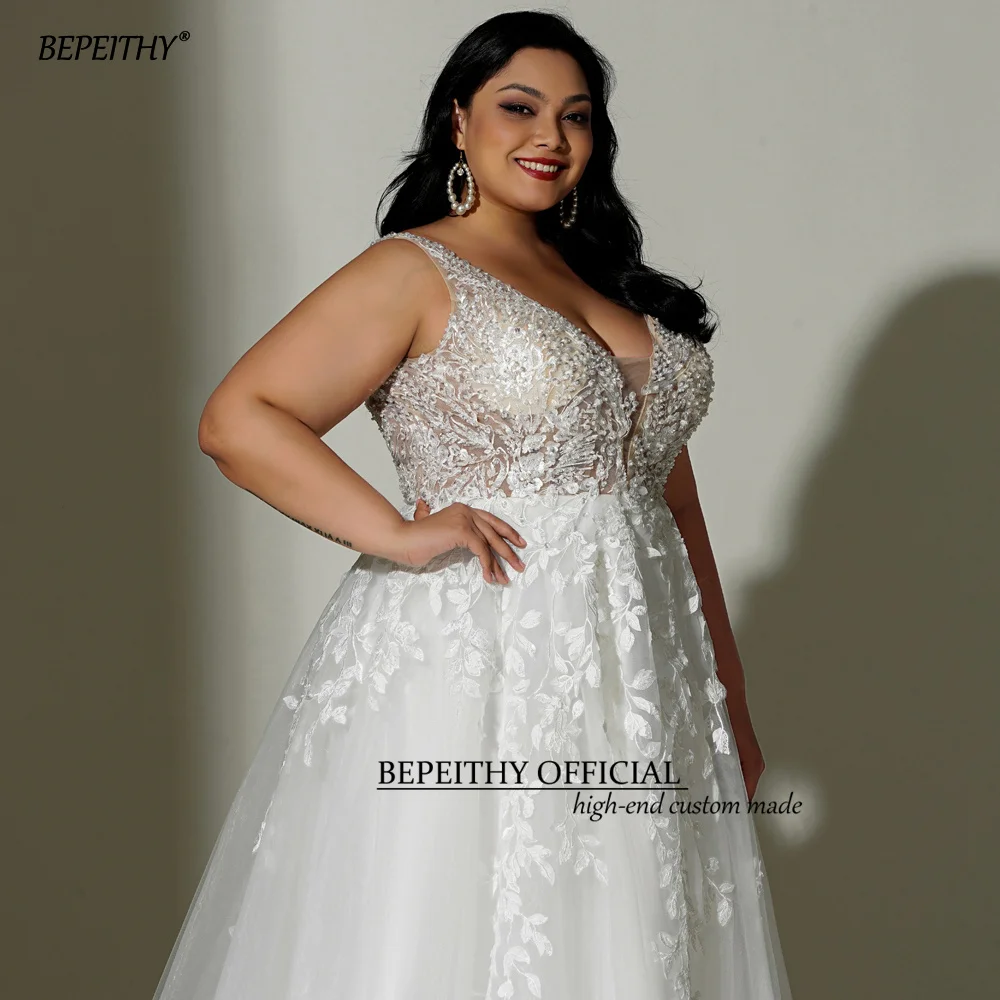 BEPEITHYCustomized Kant Boho Trouwjurk 2022 Voor Plus Size Vrouwen Bruid Mouwloos A-lijn Ivoor V-hals Witte Curve Bruidsjurk