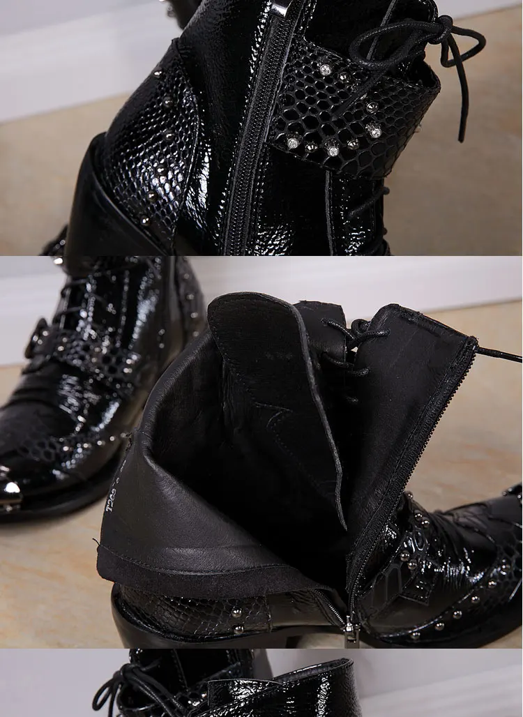 Herren Maßgefertigte Schlangenleder-Stiefel mit Nieten, Mittelhoch, Spitze Zehenkappe, Luxuriöser Singer-Modell-Stil, Bar-Party, Persönlichkeit, Herbstschuhe – Detail 22