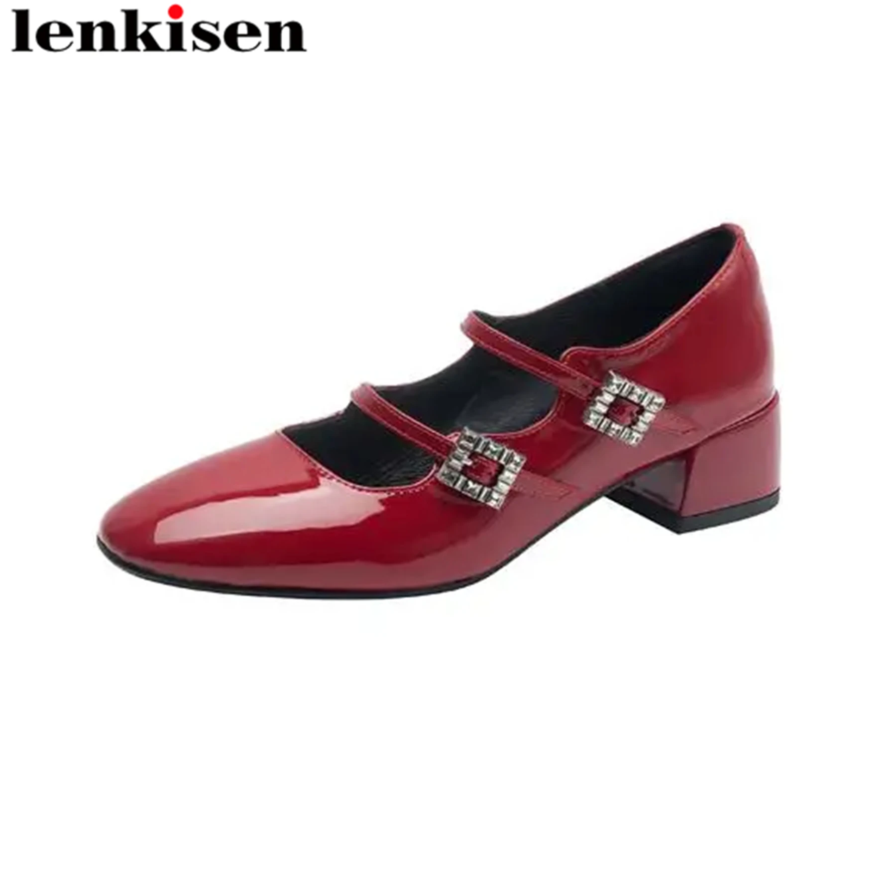 Lenkisen Cow Leather Chunky Med Heels Summer Shoes Round Toe Shallow Gorgeous Red Dating Women Crystal Buckle Decoration Pumps