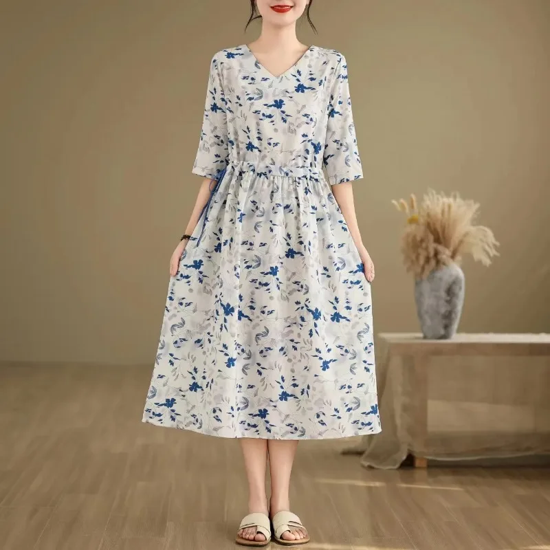 Women's Floral Print V-neck Midi Dress 3/4 Sleeve Waist Drawstring Casual Summer Dress