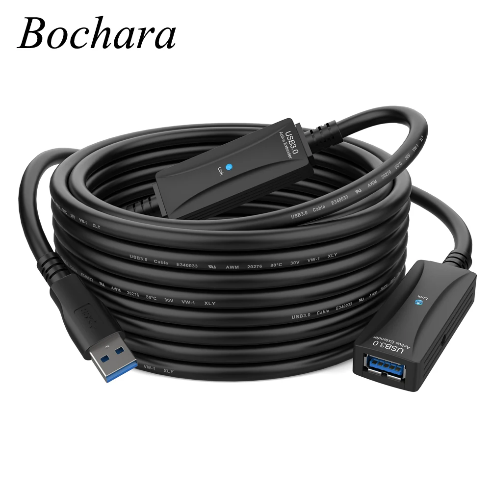 Bochara Active Repeater USB 3.0 Extension Cable Male to Female OD7mm Built-in IC Chip Foil+Braided Shielded 5M 10M 15M 20M 30M