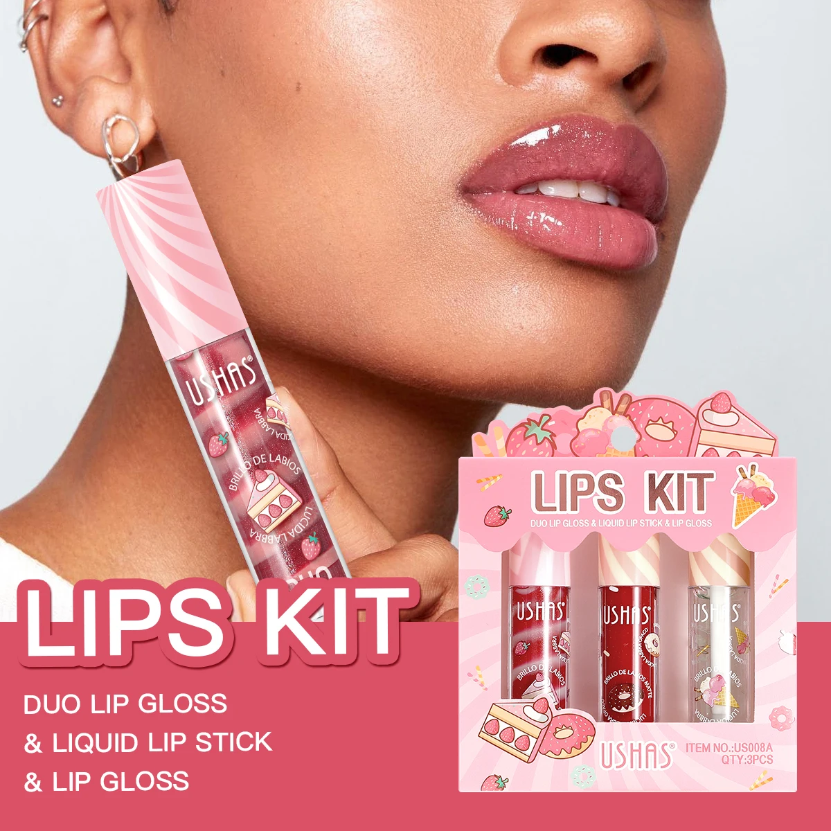 USHAS, conjunto de 3 peças, kit de cor labial - cor labial rotativa + cor labial líquida + cor labial brilhante, protetor labial hidratante anti-rachaduras