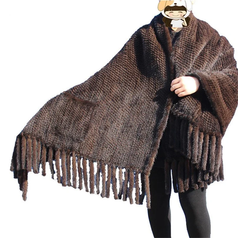 Real Mink Fur Shawl Scarf Women Fashion Fur Poncho Was Knitted With Mink Fur Black Scarves Scarf Long Soft Warm Fur Scarf Shawls