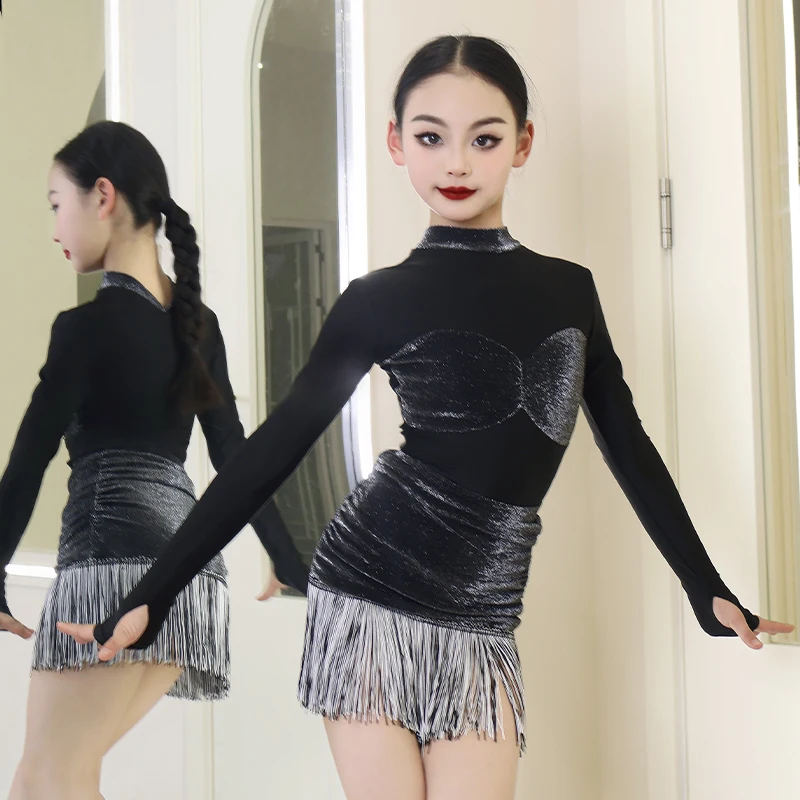 

customized Children's Latin dance costume tassel jumpsuit girls' practice performance outfit professional set fringe dress