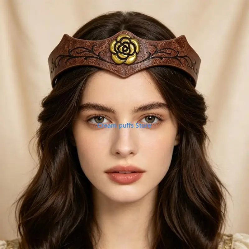 50LE Cosplay Headpiece with Adjustable Tie Back, Medieval Faux Leather Costume Hair Accessory for Fair Styling, Portrait Wear