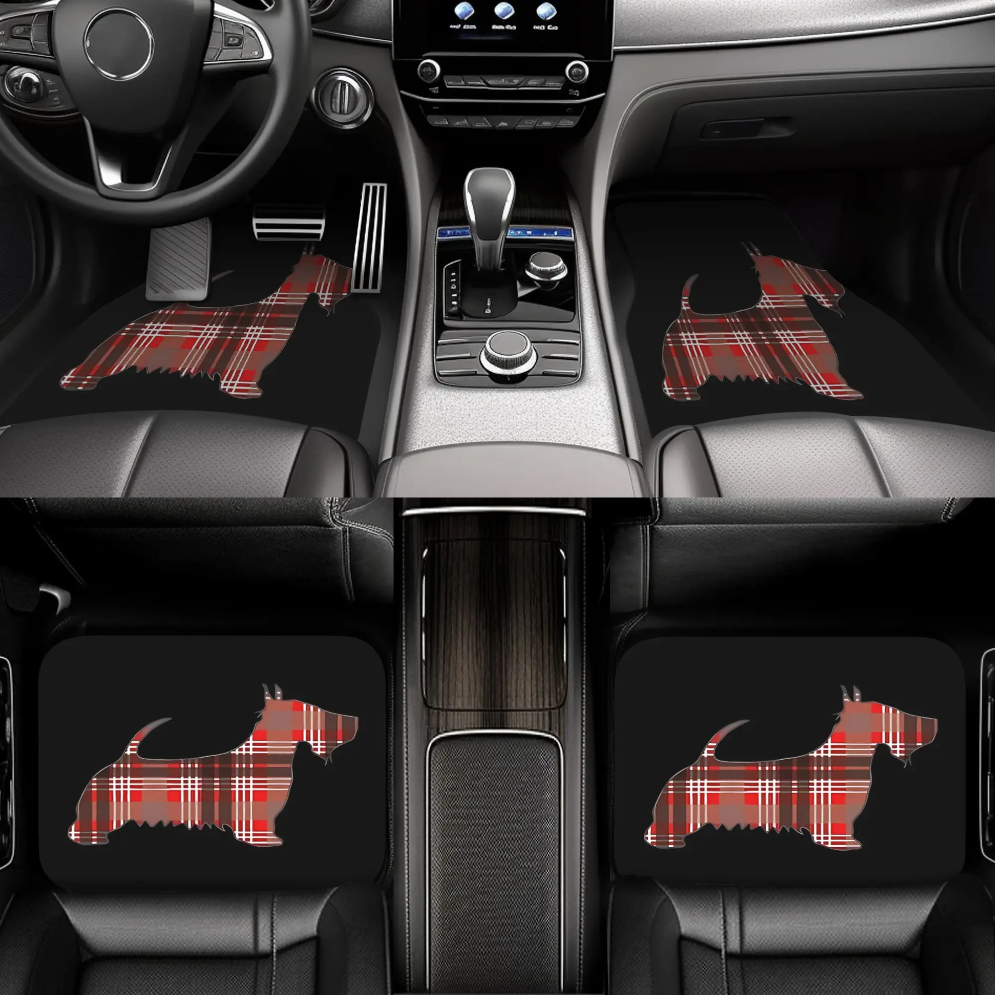 4pcs Tartan Scottish Terrier Dog Silhouette Car Floor Mats | Red, Black & White, Durable Polyester, Fits Most Vehicles, Ideal Fo