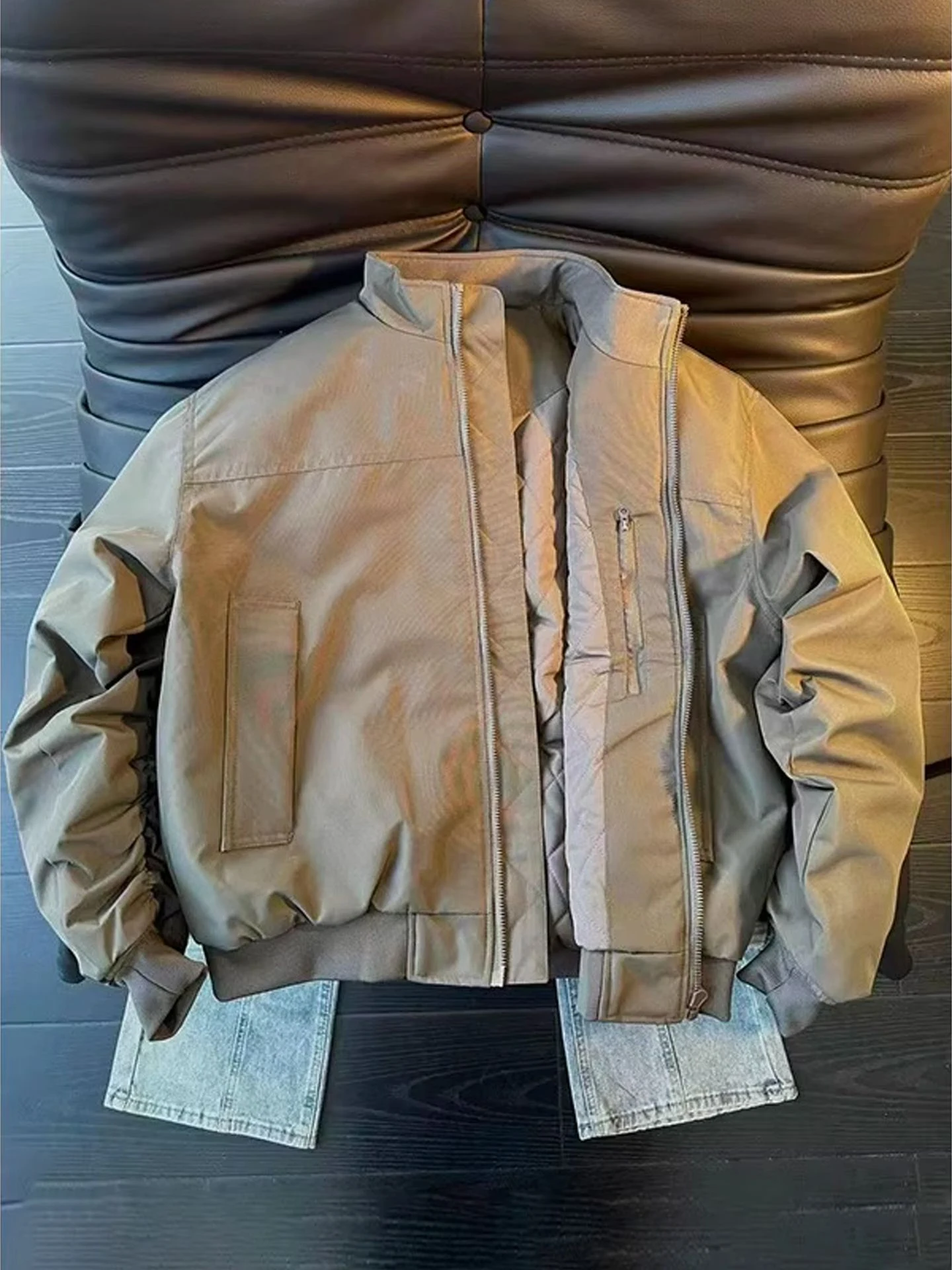 Wolf Grey Three-Proof Flight Jacket Men's Thickened Short Style Hard Worker Cotton Coat Stand Collar Baseball Style Autumn Wi...