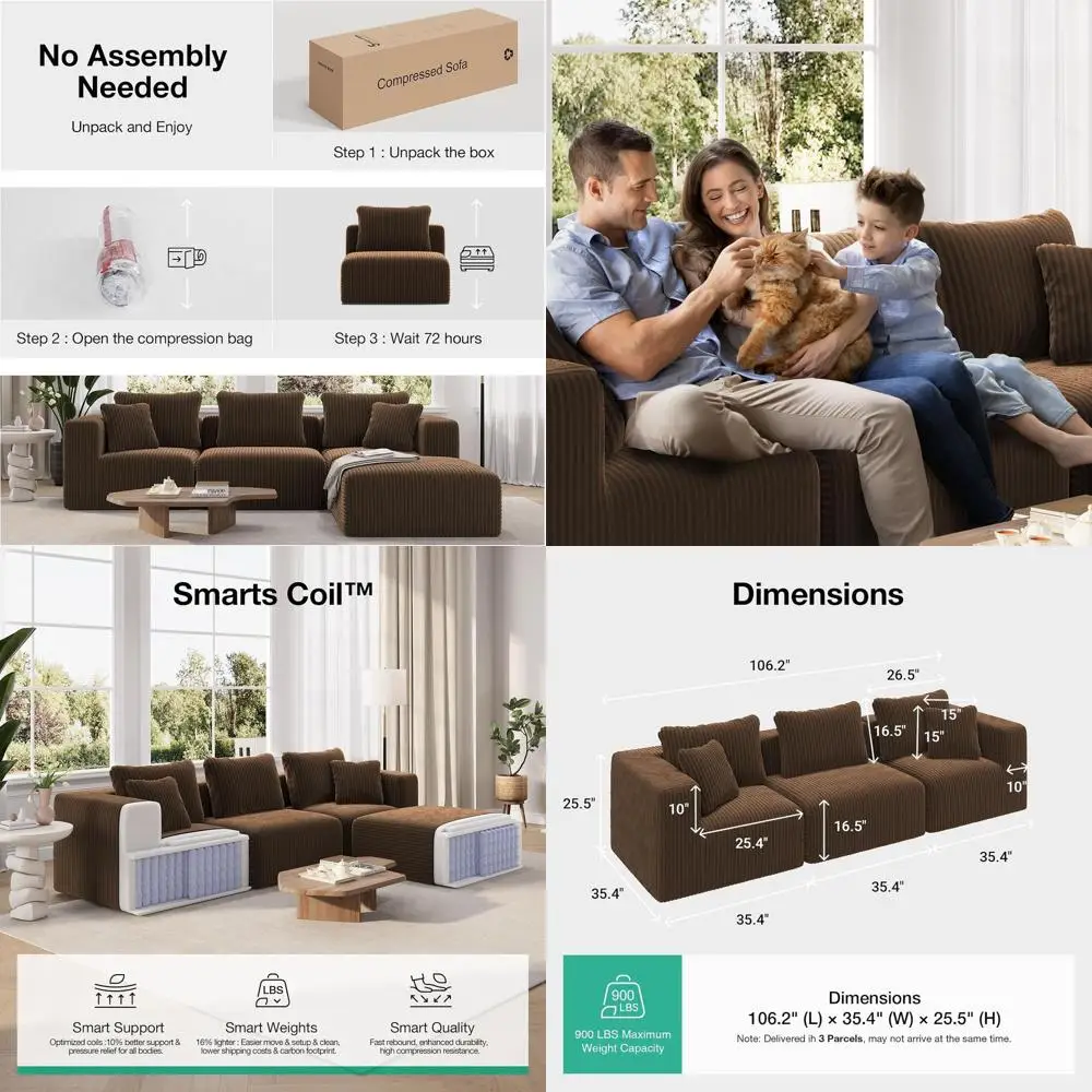 

3 Seater Brown Sectional Sofa with Smart Coop, Upholstered, Living Room Furniture, No Assembly Needed