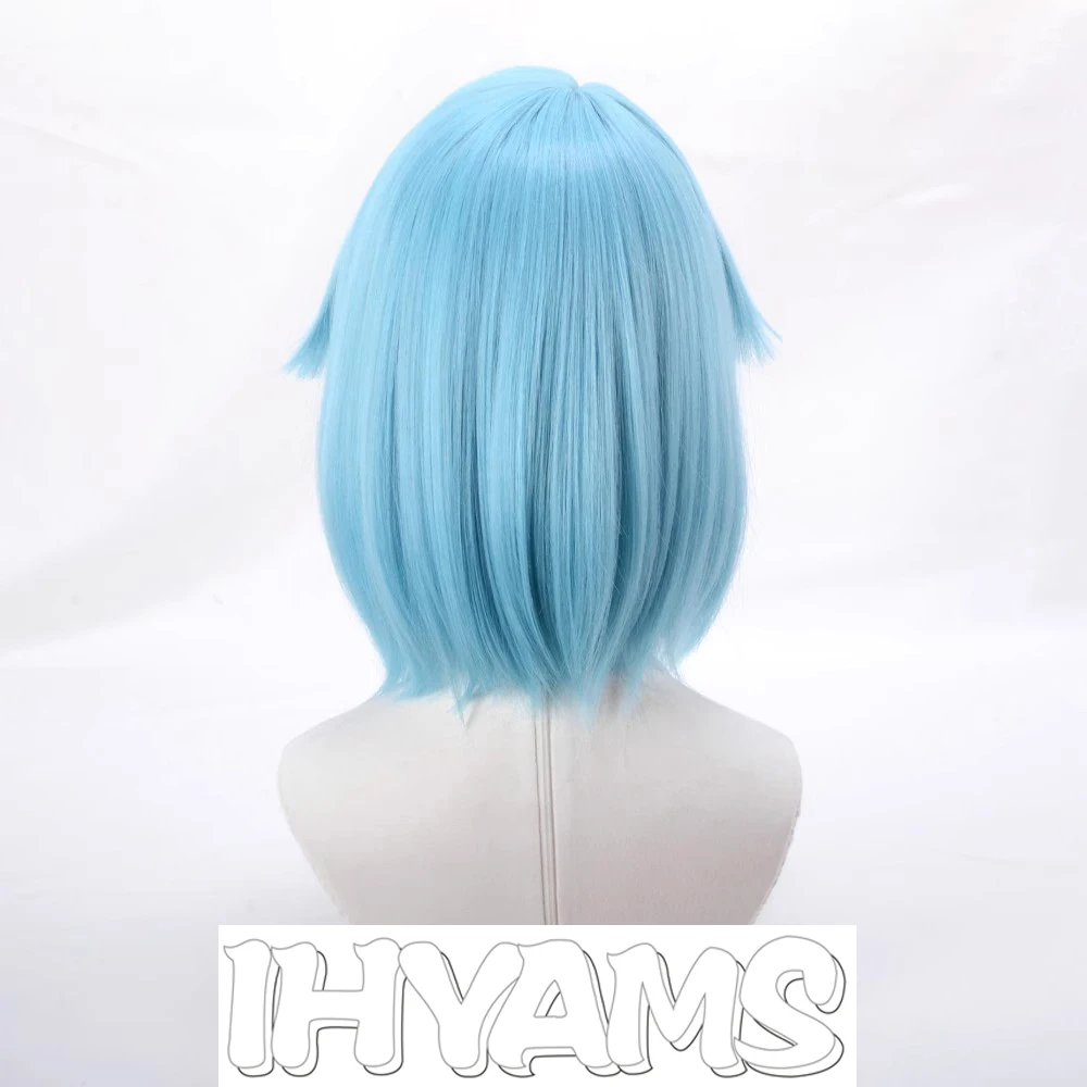Peluca de Cosplay ES Shino Hajime, pelucas cortas de cuero cabelludo simulado azul hielo de 35cm, pelo sintético resistente al calor
