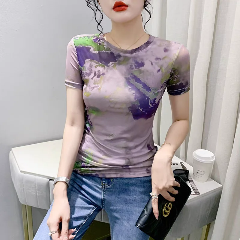 Sommer Druck Mesh Tees frauen Kurzarm V-ausschnitt T-shirt Mädchen Hohe Stretchy Floral T-Shirts Tops Für Weibliche Bluse