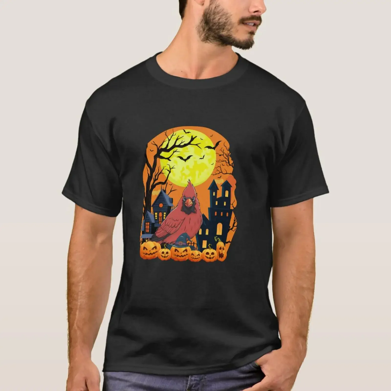 Cardinal Bird With Pumpkins Funny Scary Halloween T Shirt vintage Washed homme Stretched graphic Soft Slightly Stylish fashion