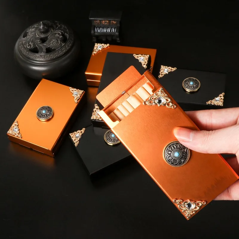 Handmade Metal Cigarette Box with 20 Cigarettes, Automatic Pull-down Portable Personalized Moisture-proof Cigarette Box Gadgets