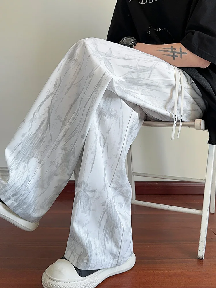 New Chinese Style White Ink Painting Dyed Ice Silk Men's Summer Large Size Straight Leg Draping Casual Pants Loose Fit