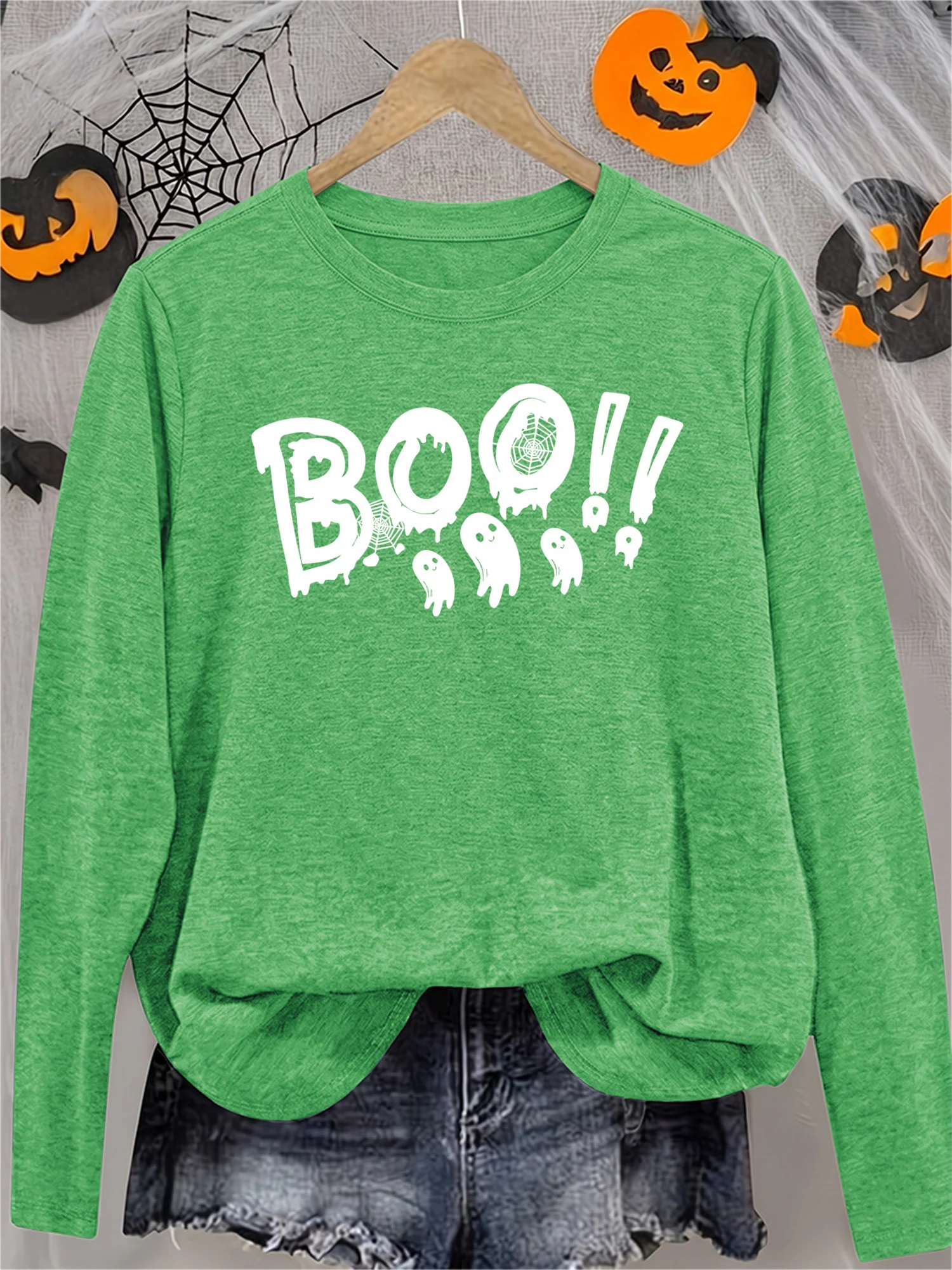 Women's Halloween Long Sleeve Crew Neck T-Shirt with Cute Ghost & BOO Print, Soft Funny Spooky Gift, Casual Athletic Vacation Top, Local Shipping