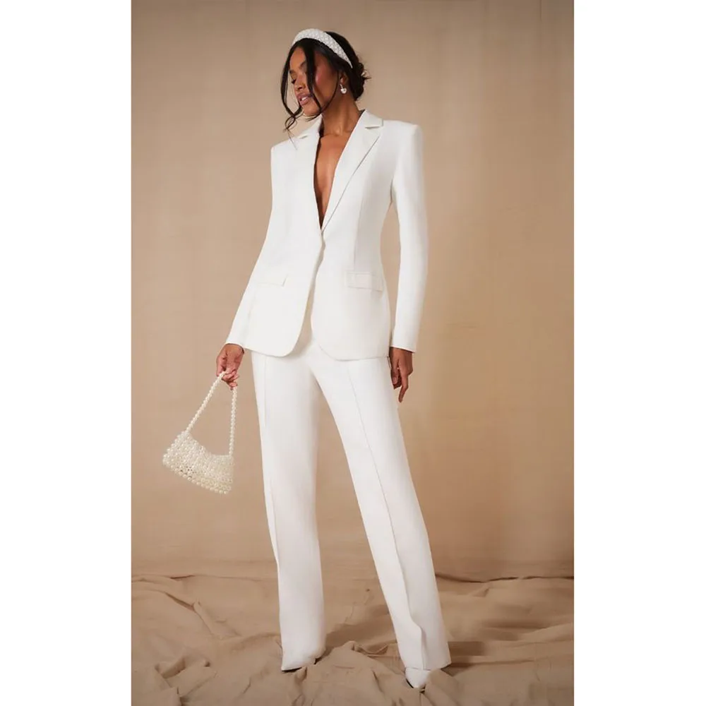 Fashion Chic White Suits for Women Single Breasted 2 Pieces Jacket Pants Female Clothing Formal Banquet Office Lady's Costume