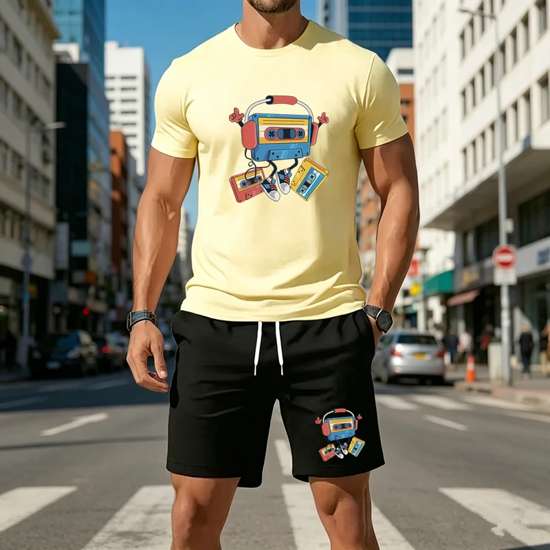 

Men's summer breathable Mesh Retro Cassette Tape Print 2 Piece Outfit Men Casual Short Sleeve T Shirt And Shorts Set Streetwear