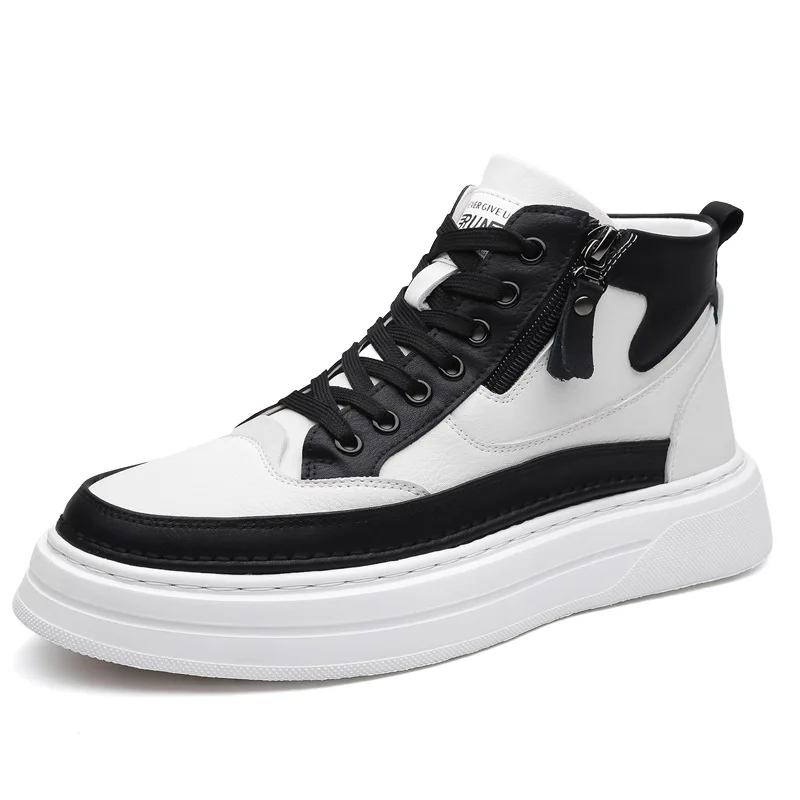 

Autumn Winter High Top Board Shoes for Men Solid Color Cow Leather Casual Sneakers Male Fashion New Designer Platform Shoes Man