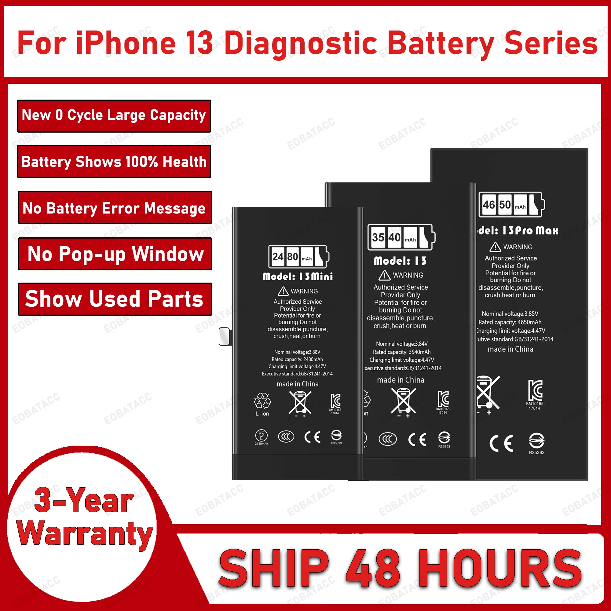 2026 Years 100% New Diagnostic Battery no error message no pop up for iphone 13 13 Pro max 13 mini battery replacement+Free Tool