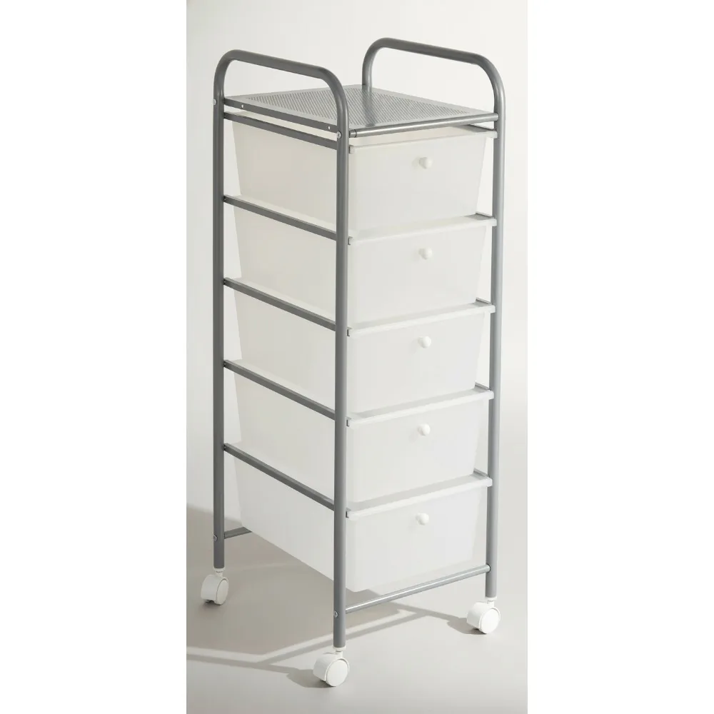 

5-Drawer Rolling Storage Cart with Plastic Drawers, Silver - Mobile Organizer for Home Office & Craft Room