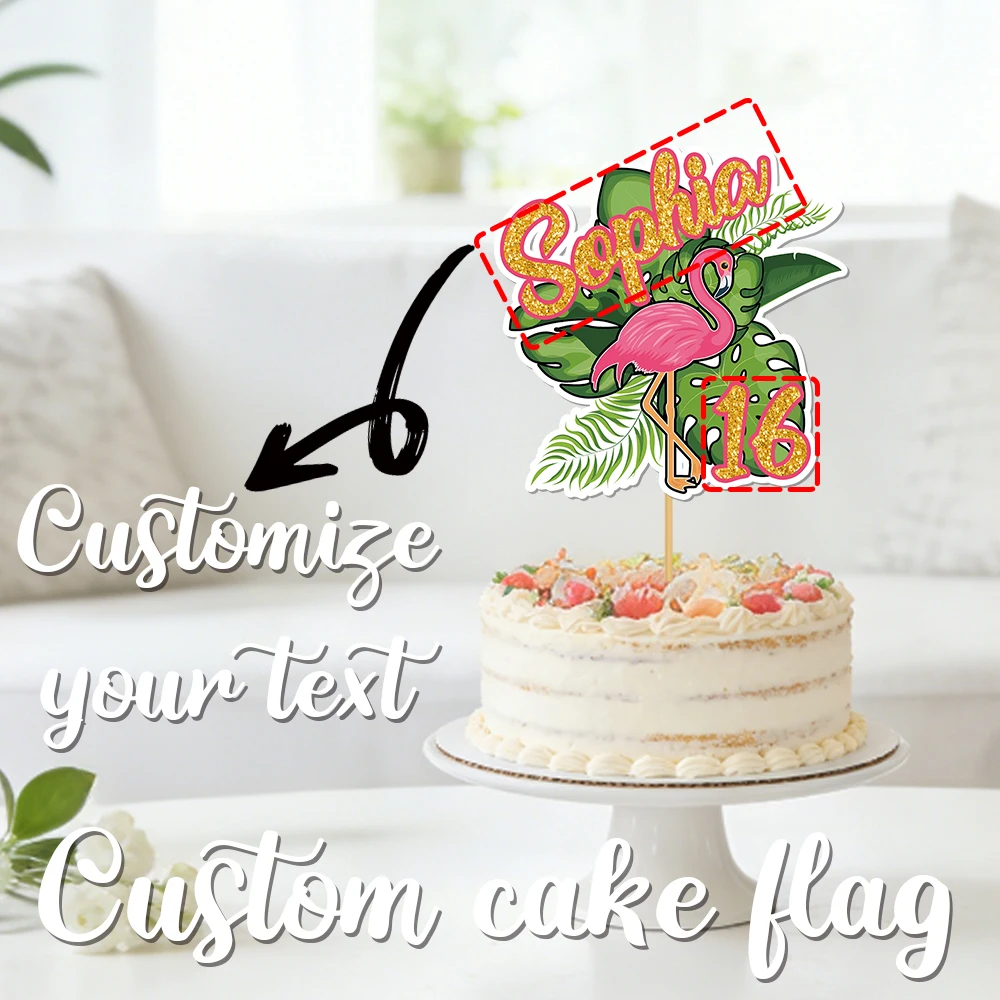 1 Stück personalisierter Kuchenaufsatz im Sommer-Flamingo-Design mit grünen Pflanzen, individueller Name und Alter, tropische Hawaii-Themen-Geburtstagstortendekorationen