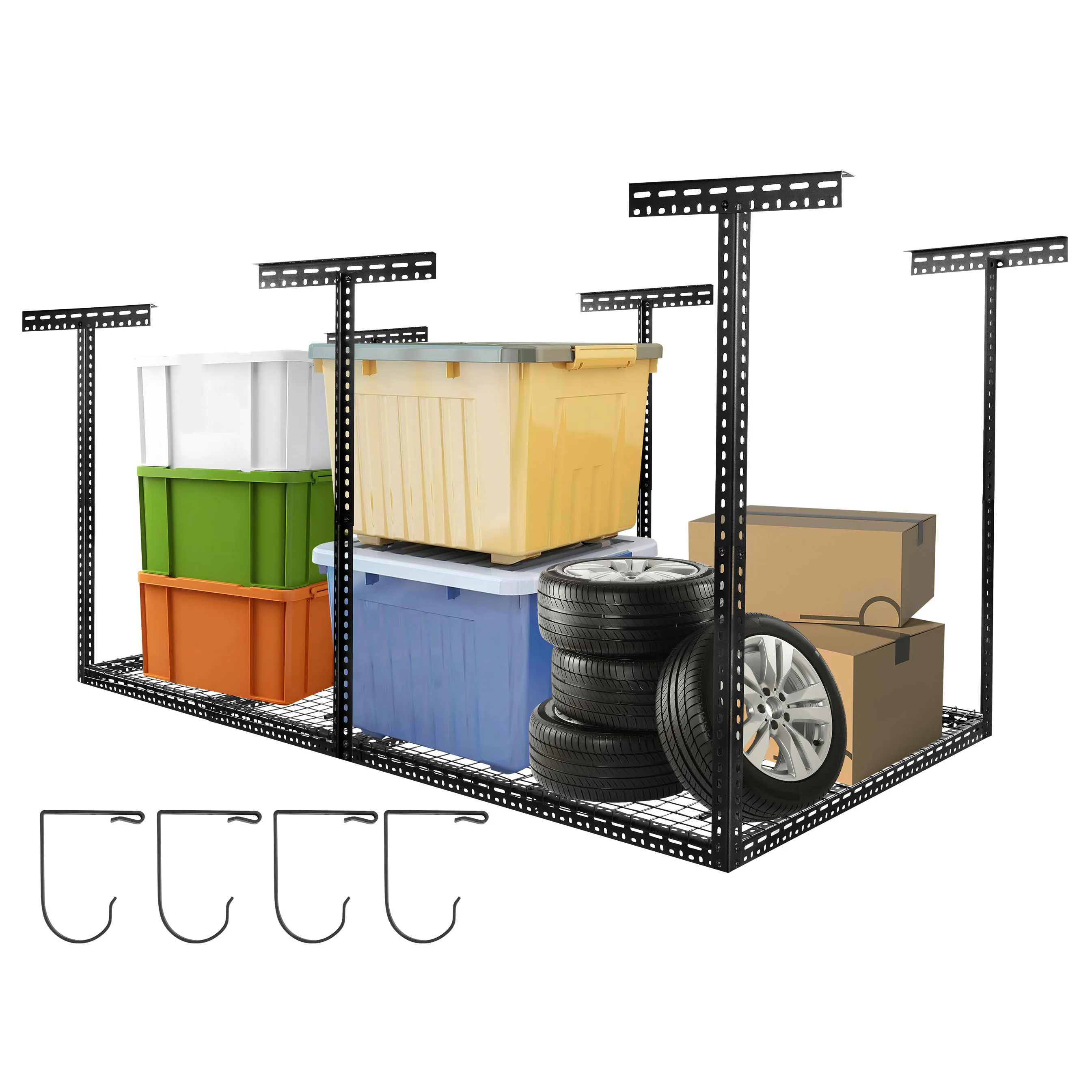 

Overhead Garage Storage Rack Heavy Duty 600lbs Load Capacity Steel Ceiling Rack with 4 Hooks Black 4X8FT Storage Space